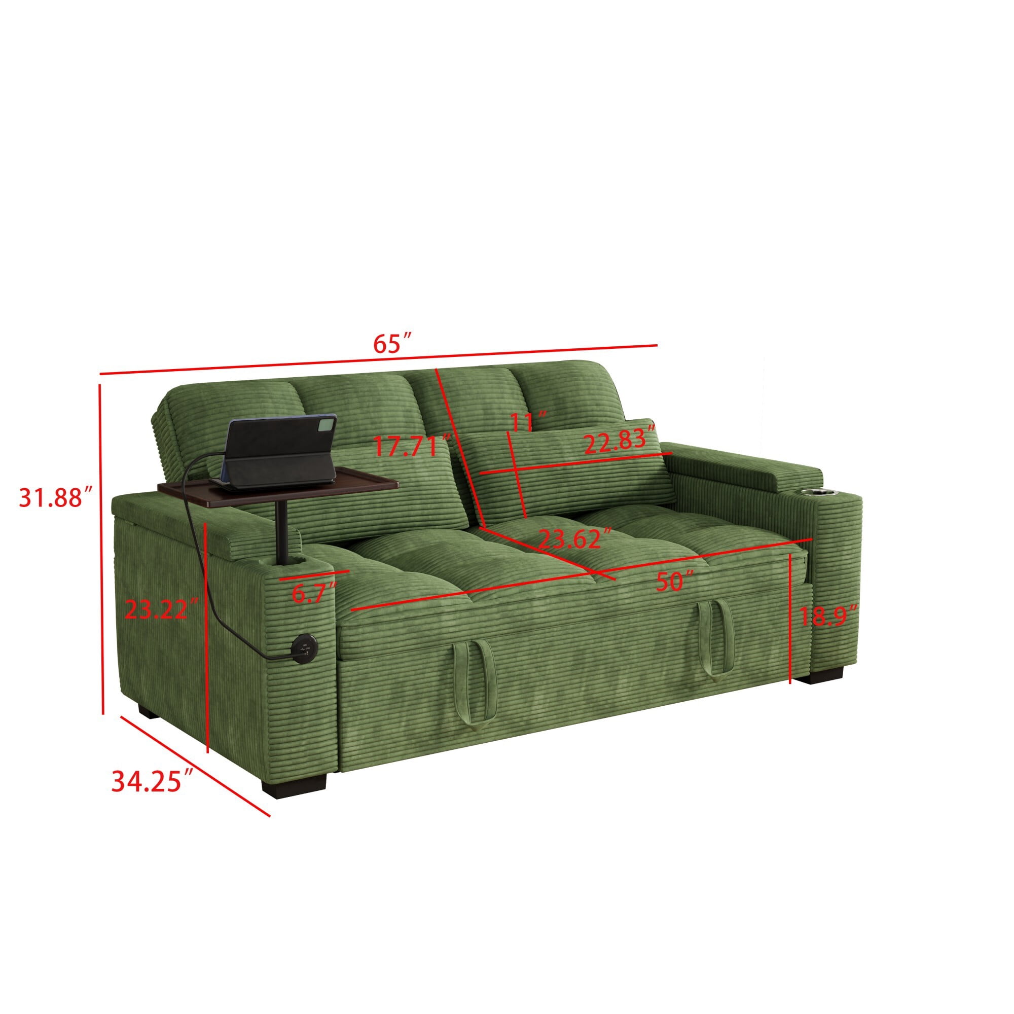 DEALTOPS 65" Corduroy Sleeper Sofa Bed, 3-Position Pull Out Couch with 360° Swivel Table, USB & Storage, Green