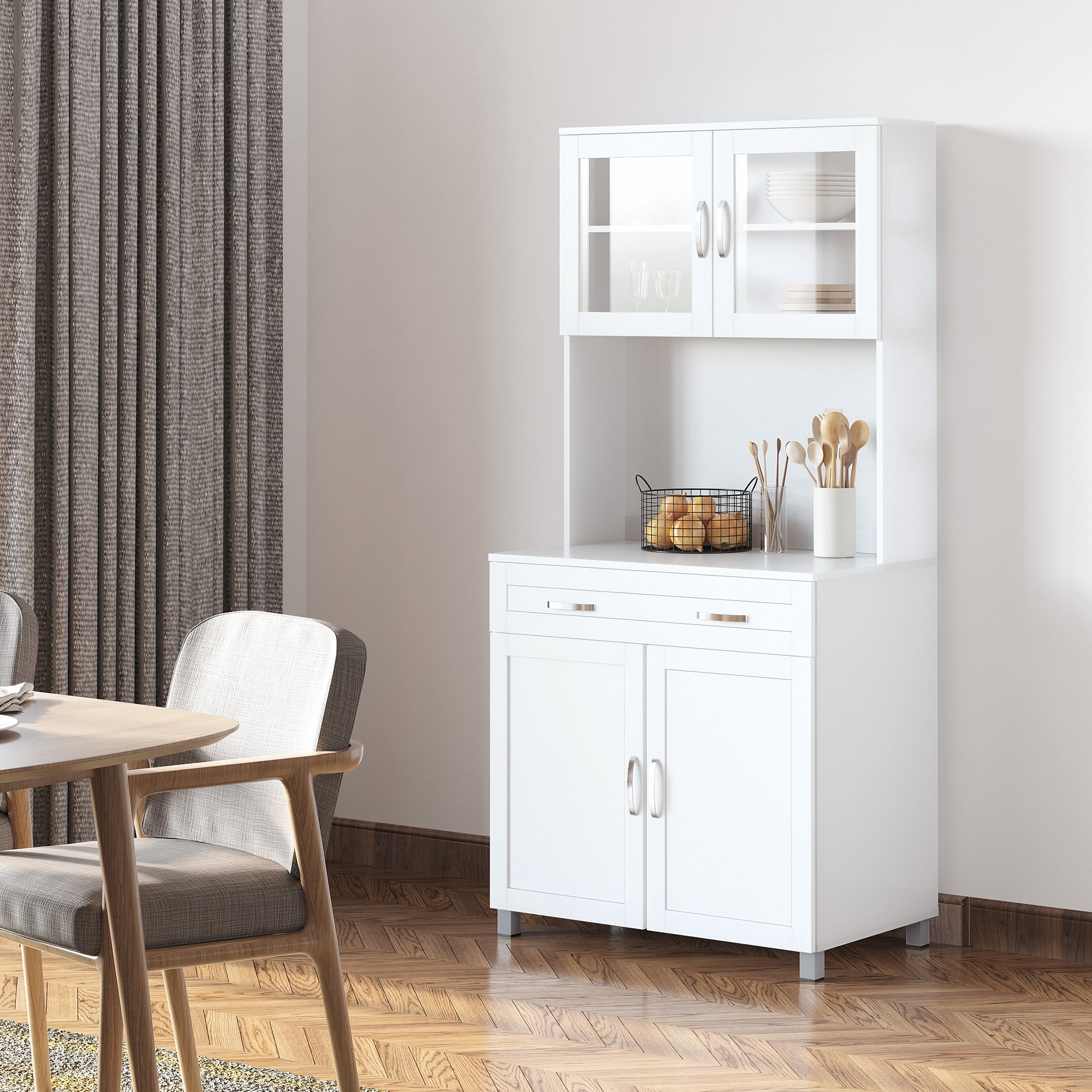HOMCOM 67" Pantry Cabinet, Modern Kitchen Hutch, Freestanding Storage Cabinet with Glass Doors, Adjustable Shelves and Drawers, White