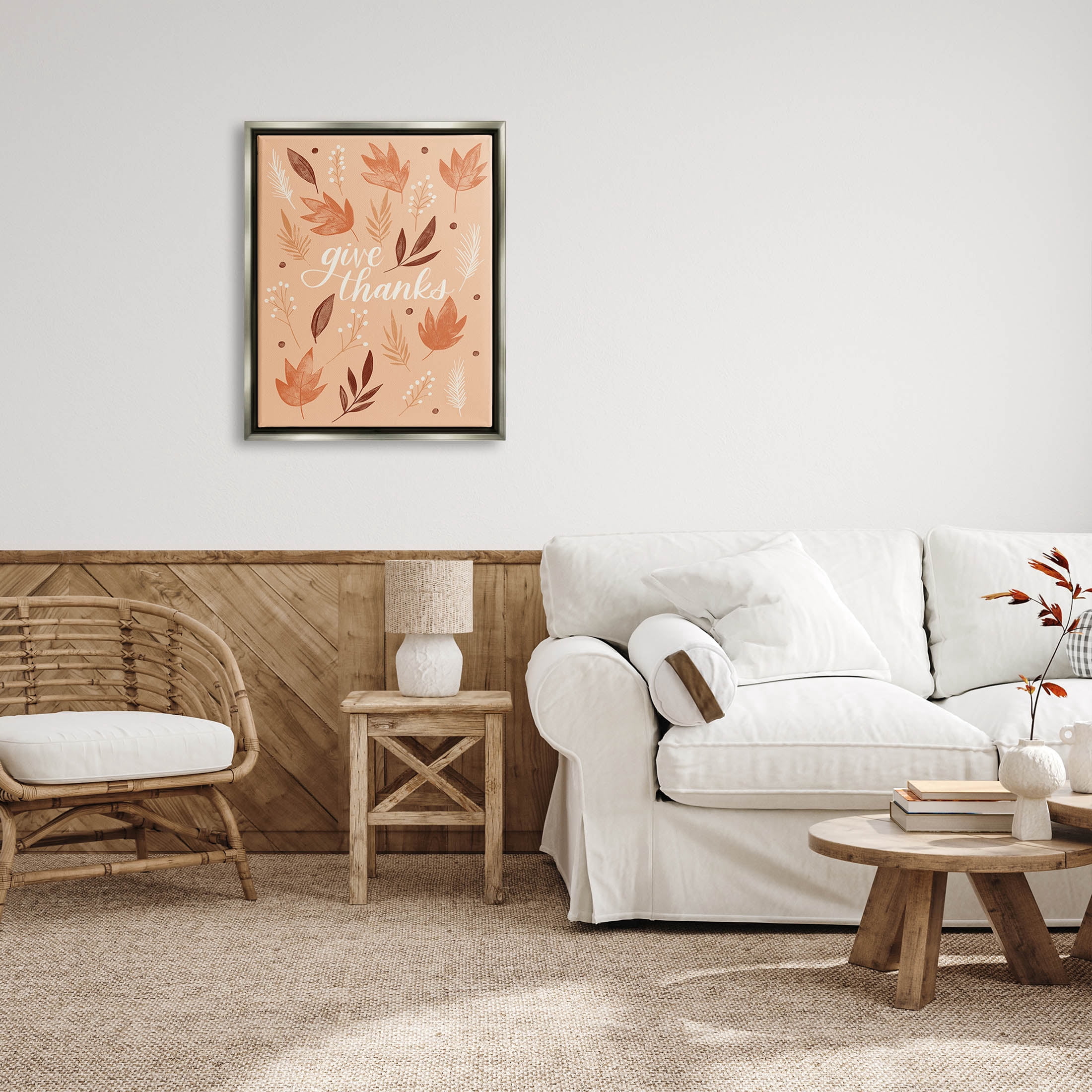 Give Thanks Autumnal Leaves Holiday Graphic Art Luster Gray Framed Art Print Wall Art