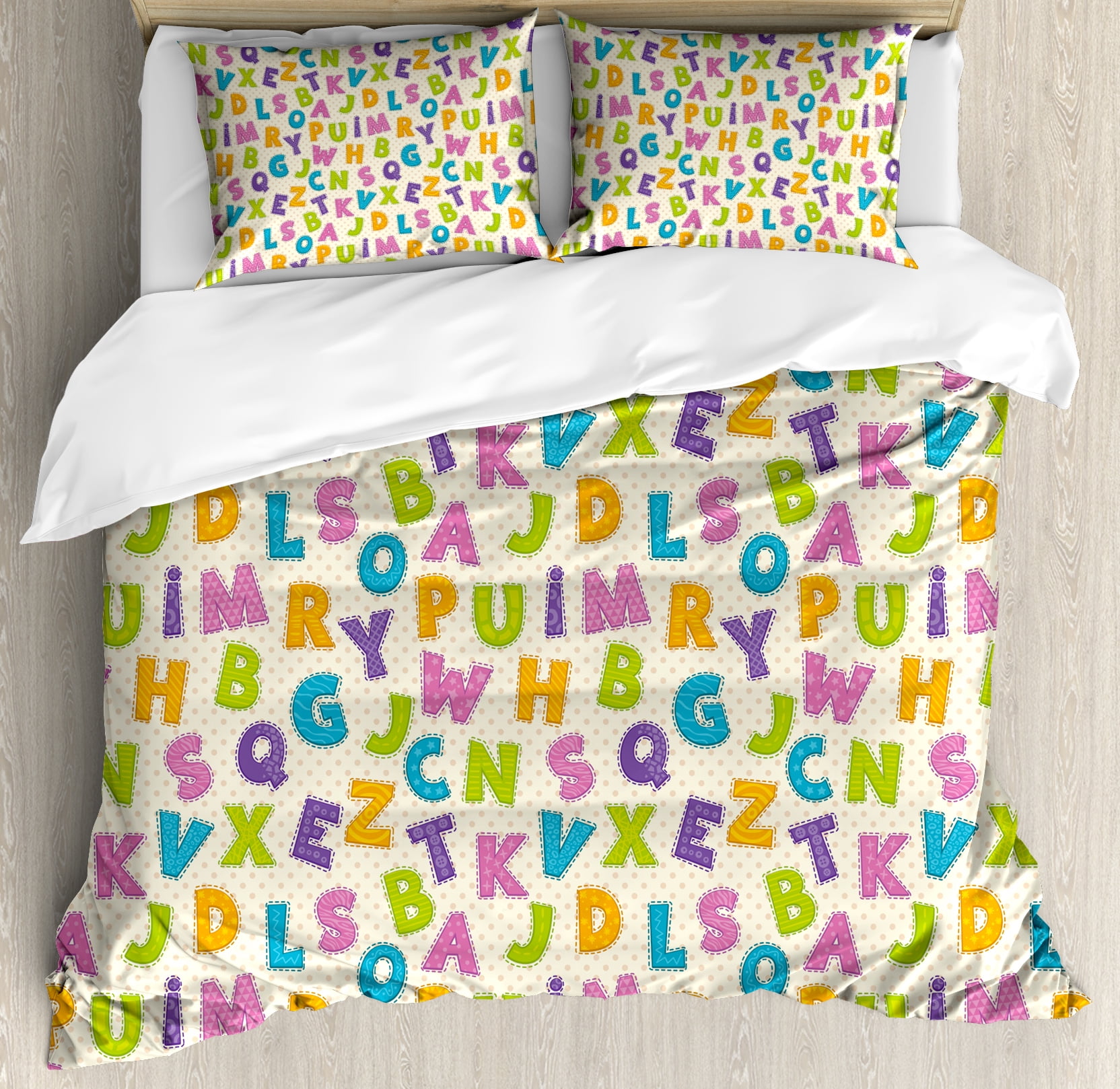 Kids Duvet Cover Set Cute Funny Letters In Lively Colors Cartoon Kids Duvet Cover Set Cute Funny Letters In Lively Colors Cartoon Style Abc Alphabet On Polka Dots Backdrop Decorative Bedding With Pillow Shams
