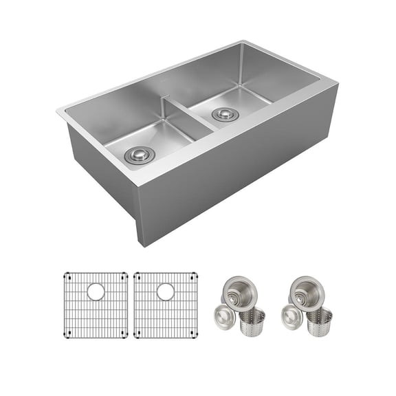 Elkay EFRUFFA3417DBG Crosstown 35-7/8" Farmhouse Double Basin Stainless Steel Kitchen Sink