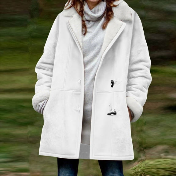 KIHOUT Women's Faux Suede Sherpa Lined Jacket with Horn Buttons - Winter Warm Long Sleeve Coat with Pockets, Turn-Down Collar Casual Outerwear