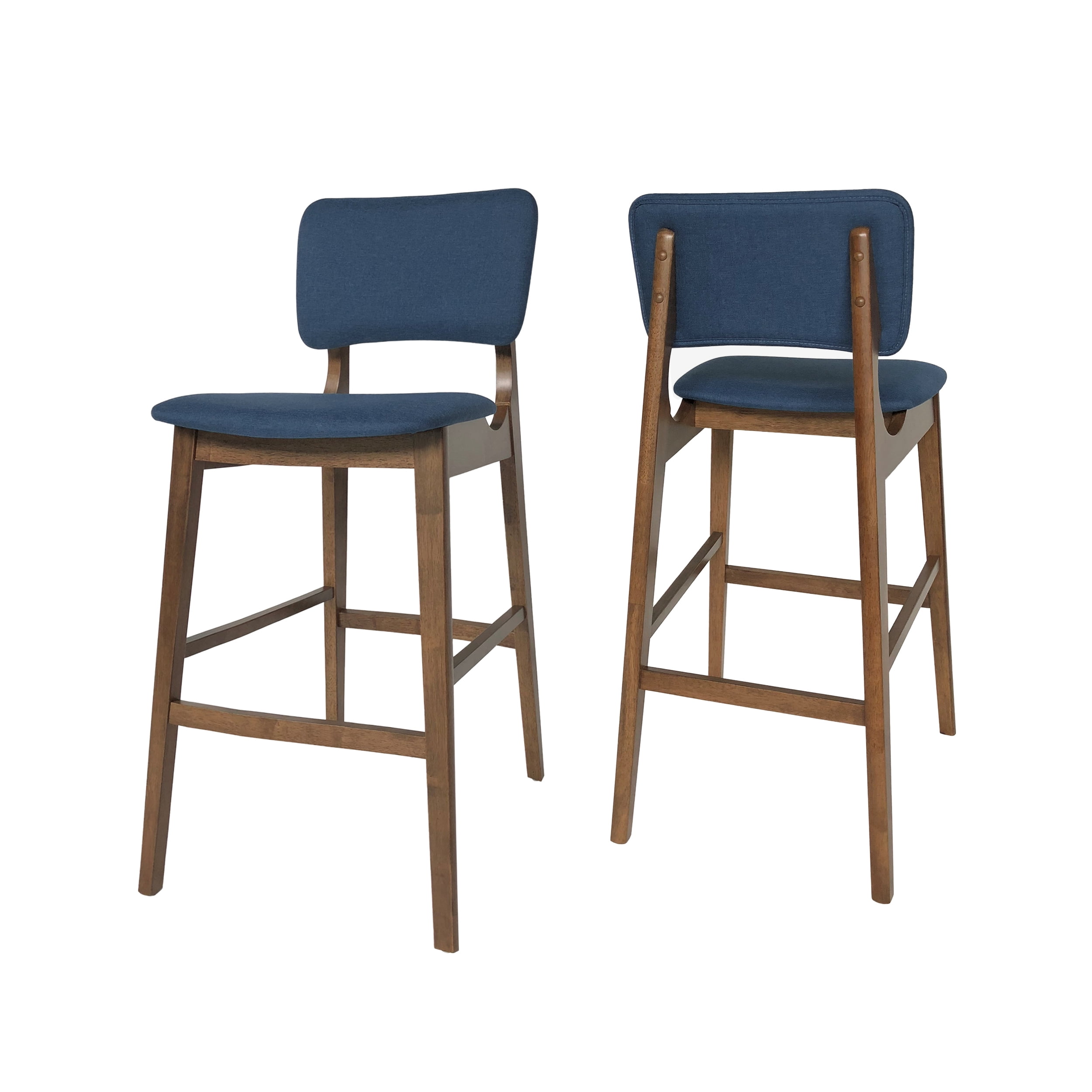 Noble House Rayan Modern 42" Wood Bar Chair, Set of 2, Dark Blue, Walnut
