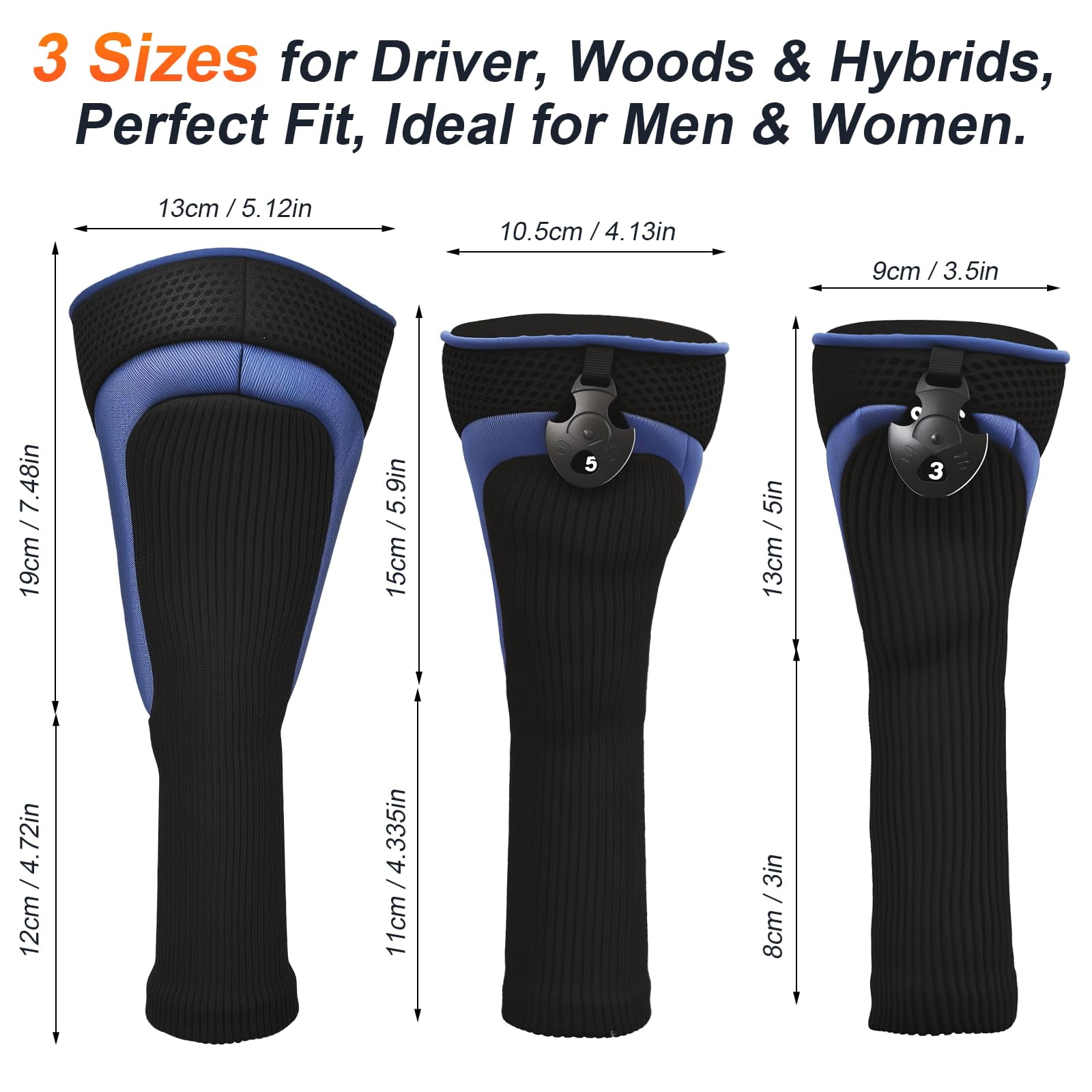 Golf Club Head Covers Set (3 Pieces) for Fairway Woods, Driver, and Hybrids - Long Neck Mesh Design with Interchangeable 3/4/5/6/7/X Number Tags - Golf Accessories for Men and Women