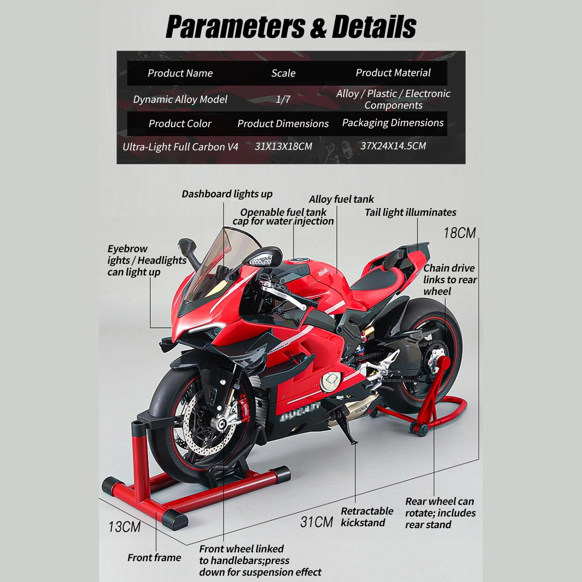 Alloy Dynamic Motorcycle Model, 1:7 Motorbike with Ignition Light, Sound System, Smoke Spray & Chain Drive Simulation, Display and Decor, Gift for Adult Enthusiasts (V4 Top Edition)