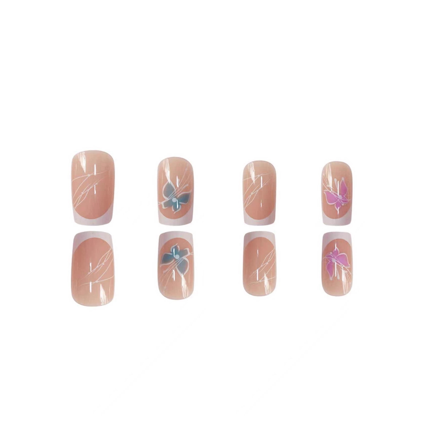 Cross-border hot sale square fake nail short French white edge cute butterfly printing design wearing nail finished product wholesale