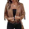 thumbnail image 2 of Women'S Faux Suede Leather Tassel Jackets with Lining Cropped Fringe Coats Fall Fashion Must Haves Brown XL, 2 of 9