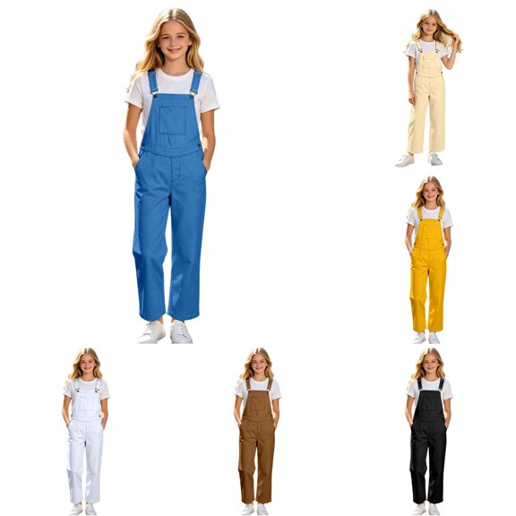OSOLU Coveralls For Girl Bib Overalls Straight Leg Pants Solid Color Adjustable Straps Loose Fit Jumpsuits With Pocekts 5-14Y
