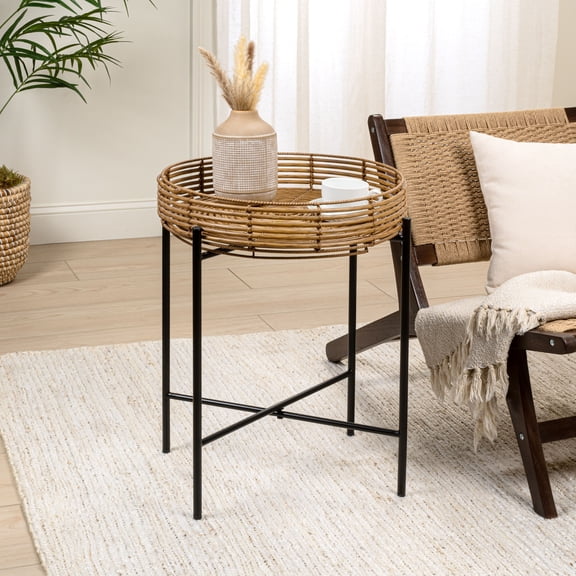 JONATHAN Y Malia 20" Coastal Bohemian Faux Rattan Round Tray End Table with Metal Base, Brown, TBL2509B