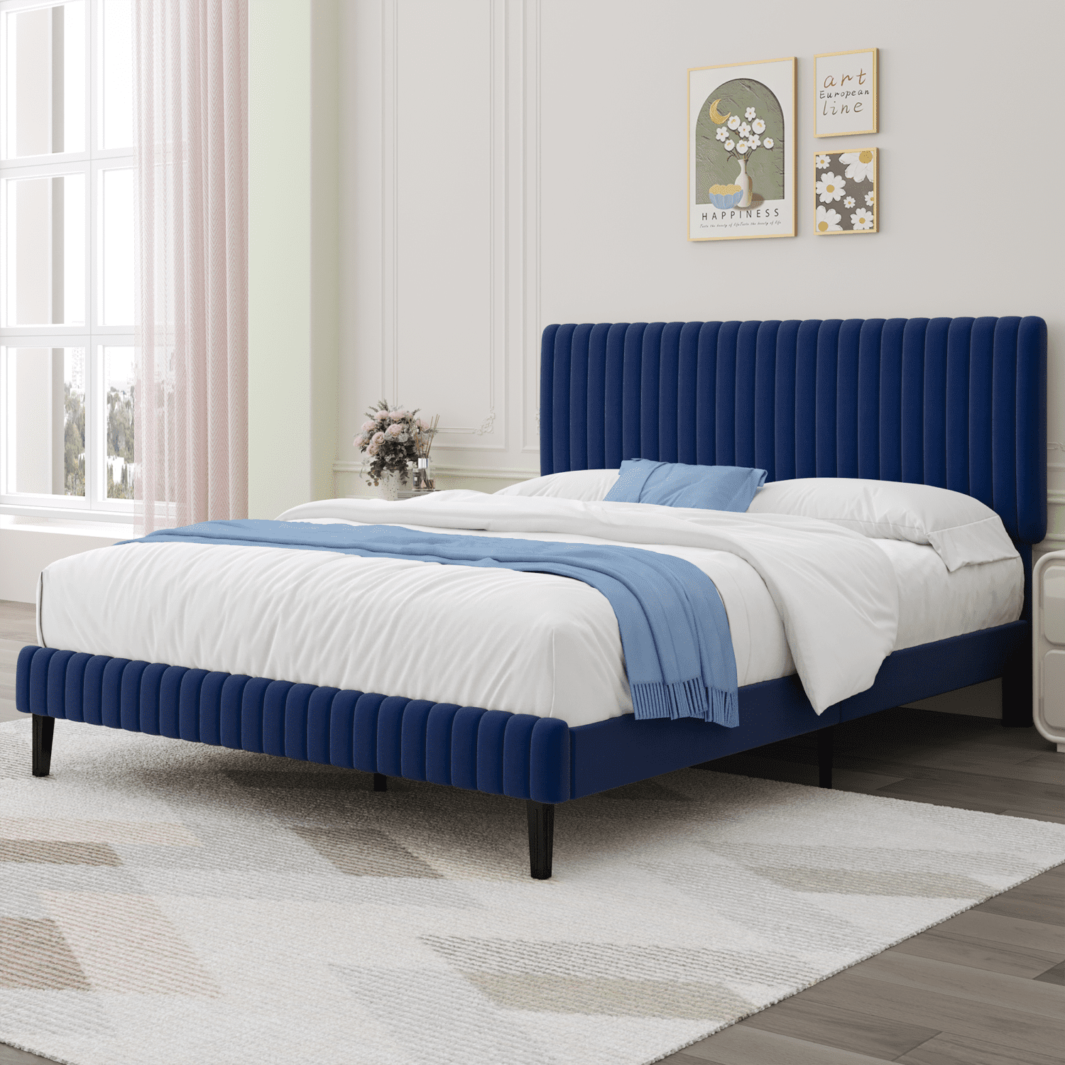 4 EVER WINNER Queen Size Bed Frame, Queen Size Upholstered Platform Bed Frame with Vertical Channel Tufted Headboard, Blue Queen Bed Frame, Blue