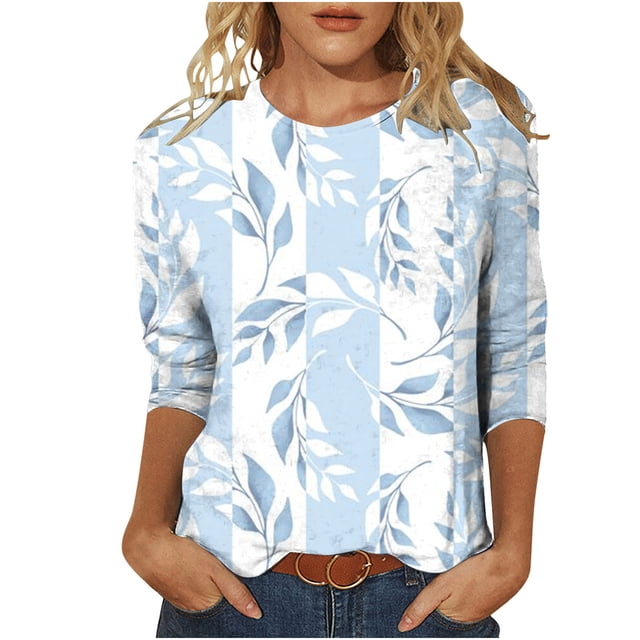 Pompotops T-shirt Ample Imprimé Mode Femme Manches 3/4 Blouse Col Rond Hauts Décontractés Liquidation