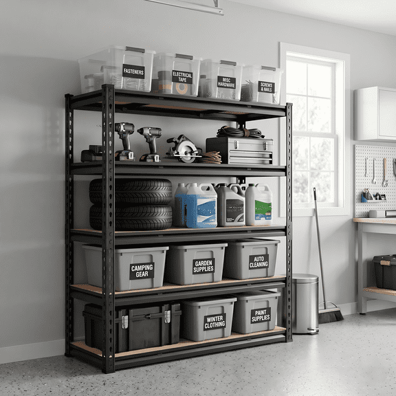 5-Tier Heavy Duty Garage Shelving Unit, 48" W x 24" D x 72" H Metal Storage Shelves, Black