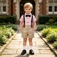 thumbnail image 2 of HAYIMI Toddler Boys Short Sleeve Striped T Shirt Tops Suspenders Shorts Child Kids Gentleman Outfit Sets Relaxed Fit Clothes Sets, 2 of 9