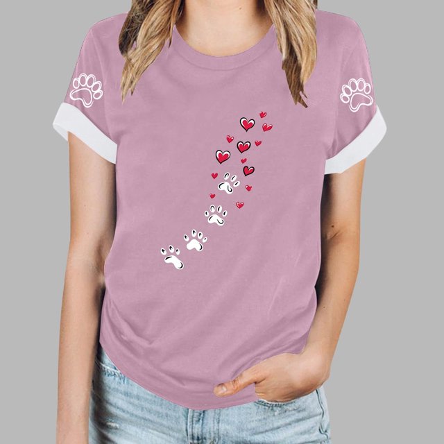 Soki T-Shirt d'Été à Manches Courtes Col Rond Imprimé Patte de Chien Cœur pour Femmes