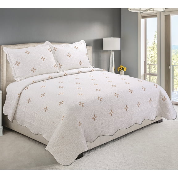 Couvre-lit Marina Decoration brodée, ensemble de literie ultra doux et uni, avec taie d'oreiller matelassée, motif floral doré moderne