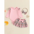 thumbnail image 4 of Baby Toddler Girls 3-piece Outfit, 0 3 6 12 18 Months Long Sleeve Romper with Plaid Skirt Bowknot Headband Fall Outfit, 4 of 9