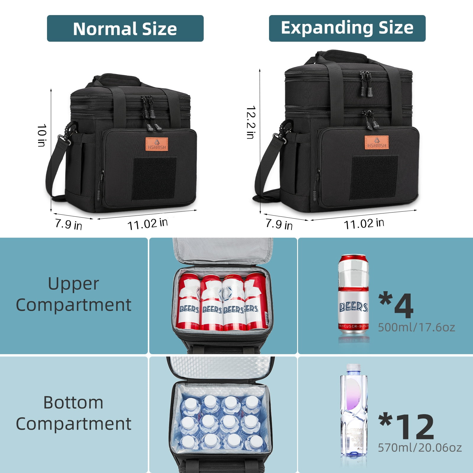 Holuxer Tactical Lunch Bags, Large Expandable Insulated Lunch Box, Durable Waterproof Leakproof Cooler Bag for Adults/Men/Women/Work Outdoor Beach Trips, 20 Cans/16 L, Black