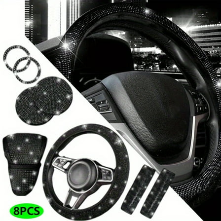 8 pcs Bling Car Accessories Set for Women, Steering Wheel Cover, Sparkly Seat Belt Covers, Bling Gear Shift Cover, Universal Fit Most Cars