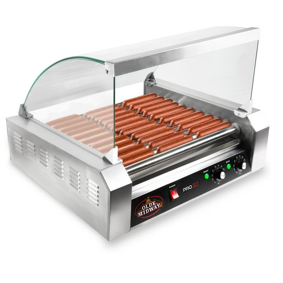 Olde Midway Machine de Cuisson Électrique PRO30, 30 Hot Dog 11 Rouleau avec Couvercle, Qualité Commerciale, Acier Inoxydable