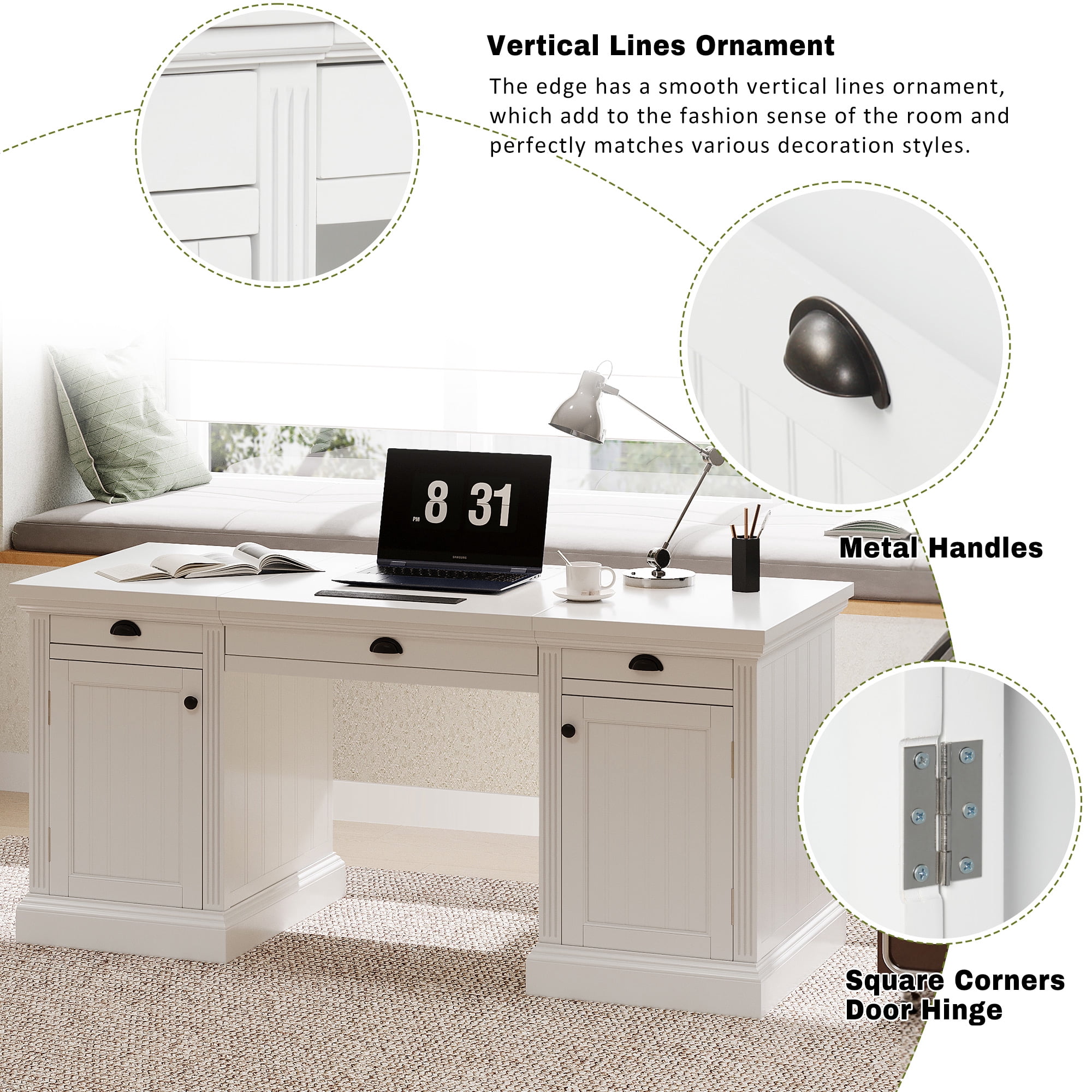 DTTRA 67" Modern Executive Desk with 3 Drawers & 2 Cabinets, Built-in Outlets, White