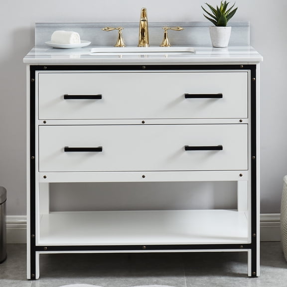 Hendrick 36" Single Bathroom Vanity, 37" W x 22" D x 34.5" H, Marmara Marble Top with Sink & Backsplash, White, Solid Wood, Pre-Assembled, Soft-Closing Drawers, Open Shelf.