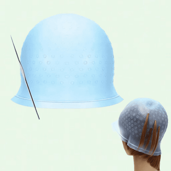 Reusable Silicone Hair Highlight Cap with Hook Kit, Perforated Highlight Cap for DIY Dyeing (Blue)