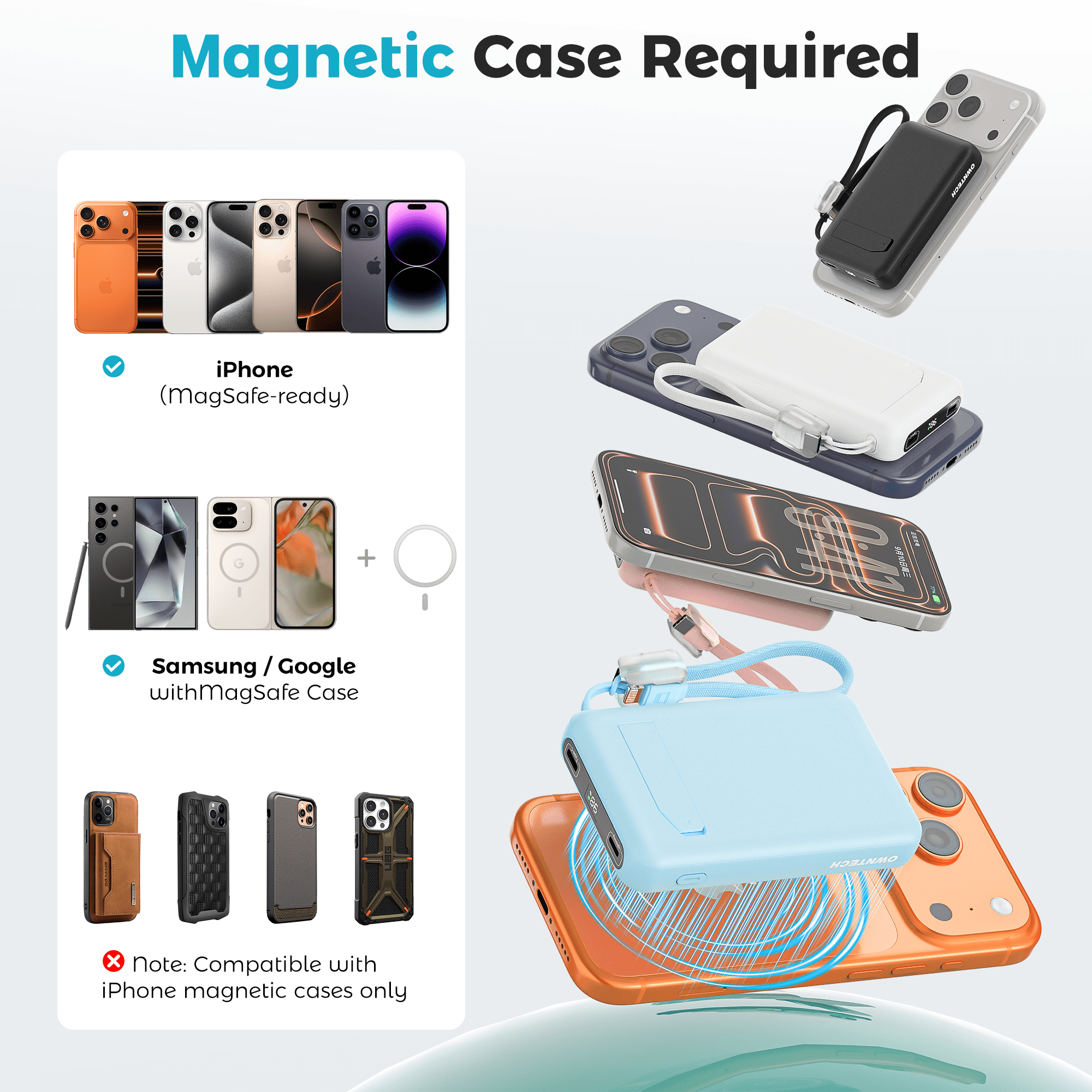 OWNTECH 10000mAh Magnetic Wireless Power Bank with Smart Display, 22.5W PD Fast Charging Portable Charger, Built-in Foldable Stand & USB-C Cable Compatible with iPhone 17/16/15/14 Series (White)