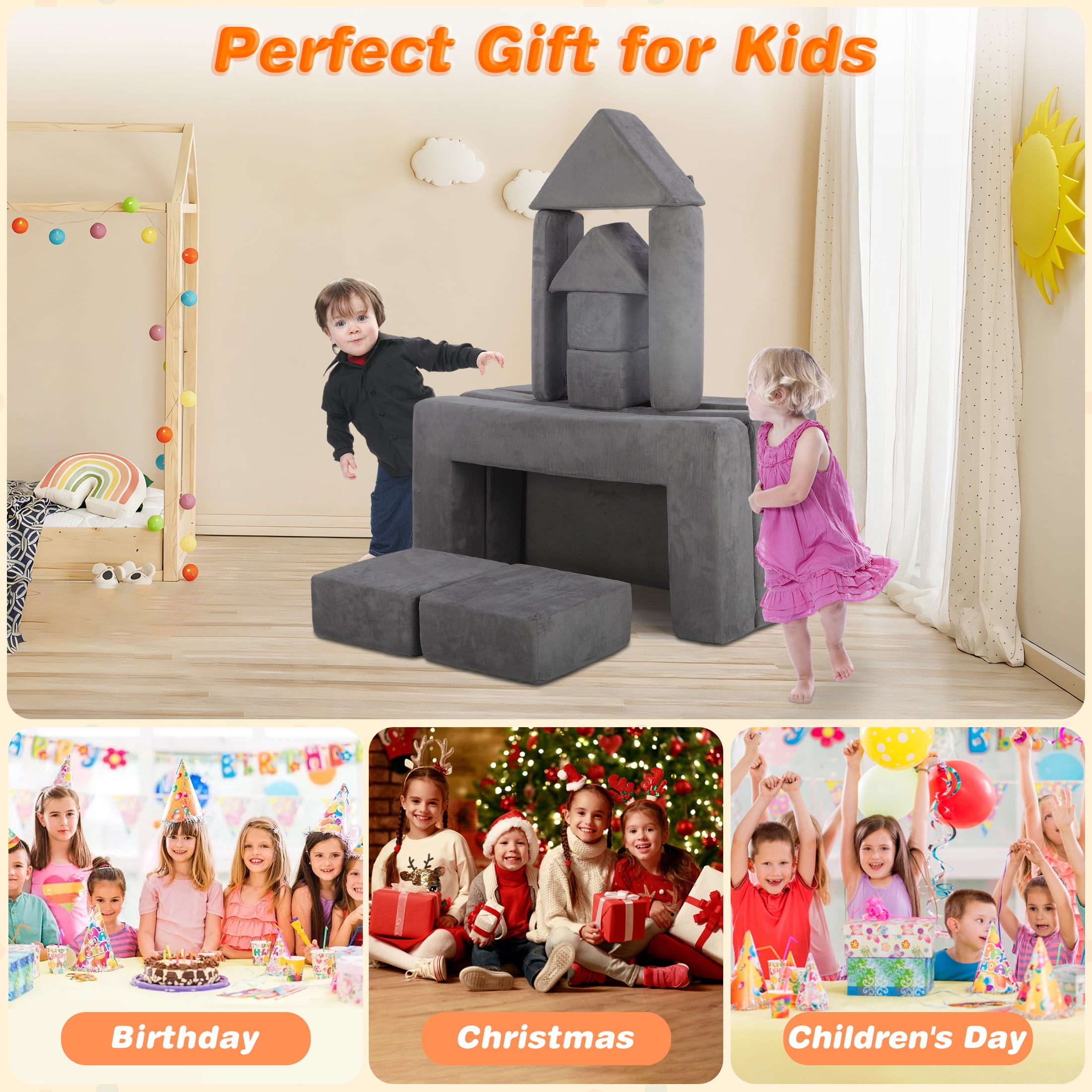 HSUNNS Modular Kids Couch Play Set, 12 PCS Indoor Sponge Sofa for Playroom and Living Room, Gray