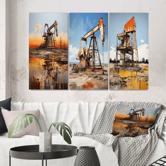 Designart "Gold Oil Rigs landscapes In Texas III" Cityscapes Wall Art Set Of 3 - Gold Oil Rigs / Fields Gallery Set For Office Decor
