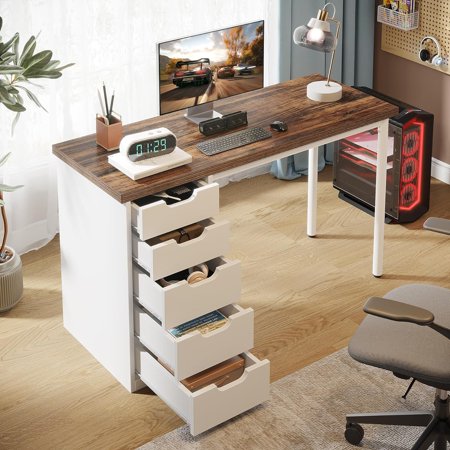 Tribesigns Modern Computer Desk with 5 Drawers 47 in Brown Home Office Desk with Storage for Adult