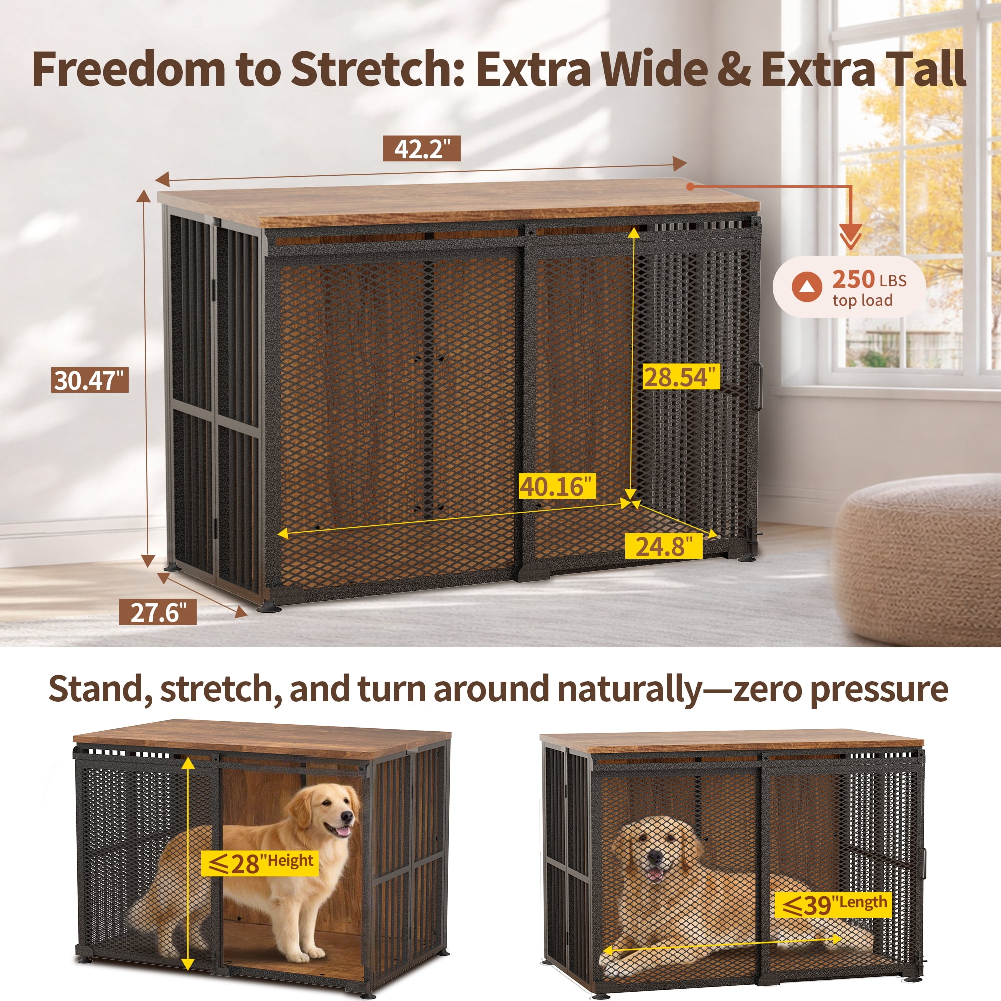42 Inch Large Dog Crate Furniture, Foldable Setup in 30 Seconds, Sliding Barn Door, 260 LBS Top