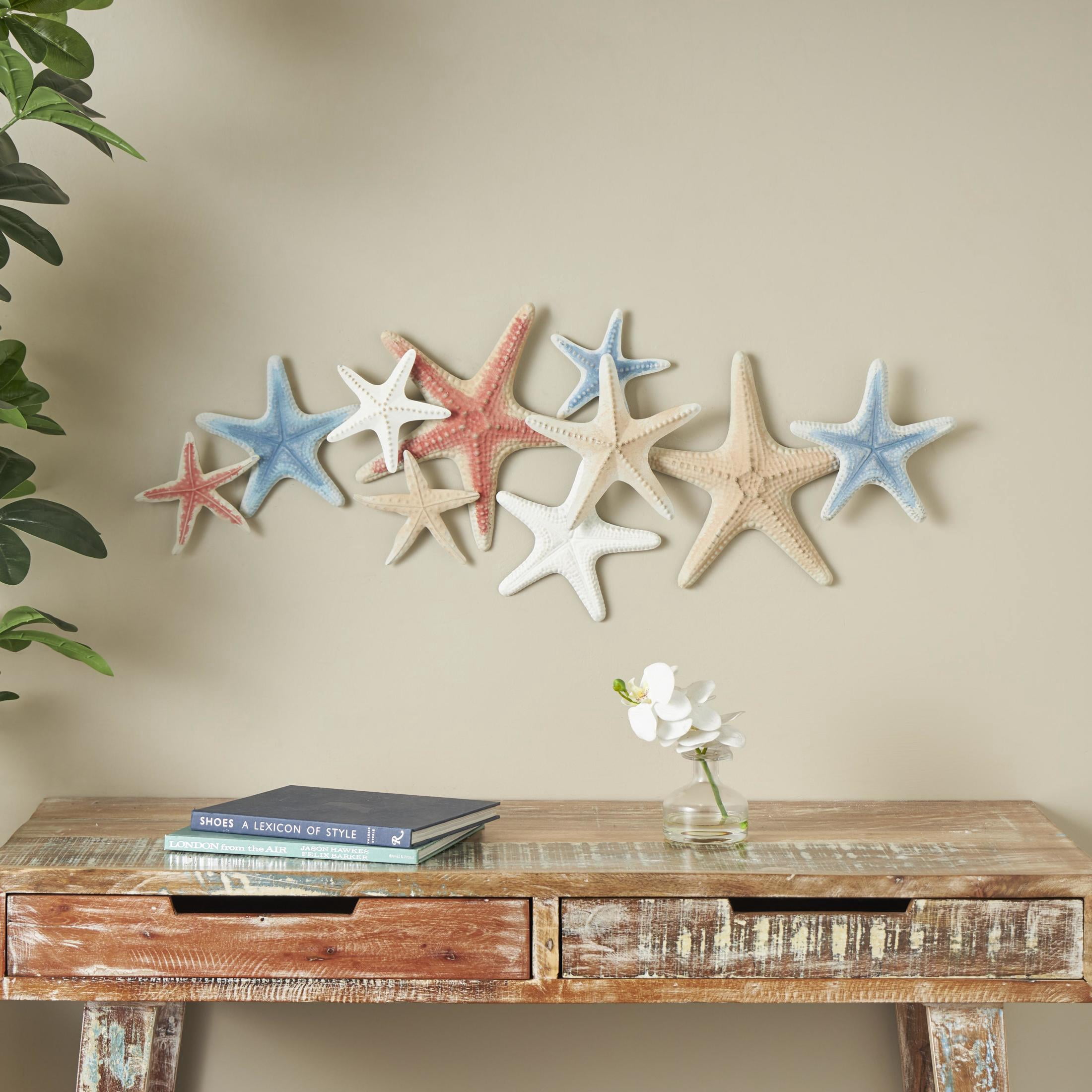 DecMode Brown Metal Layered Starfish Wall Decor with Blue and Red Accents