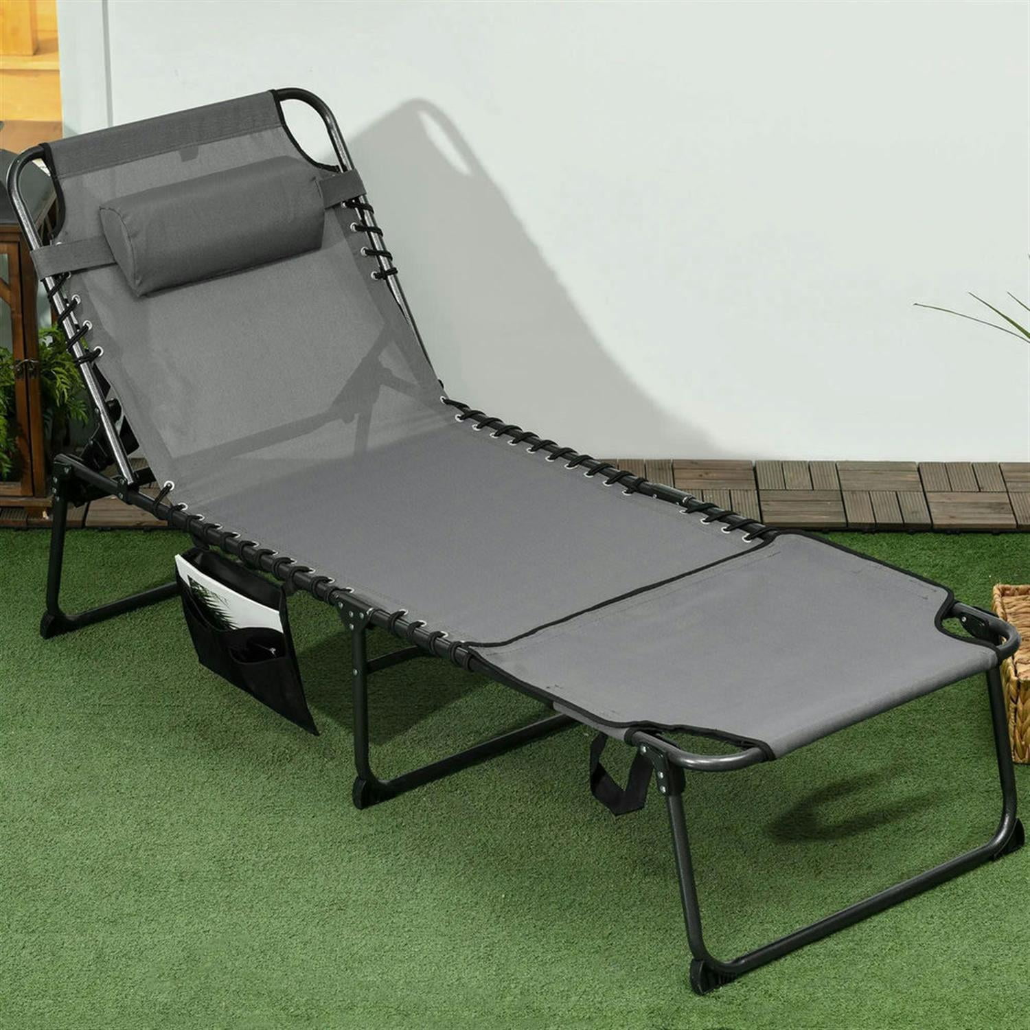 Demi Bonn Outdoor Folding Chaise Lounger with 5-Position Reclining, Built-in Reading Grommet, Side Storage, Pillow Relaxation for Sunbathing, Gray