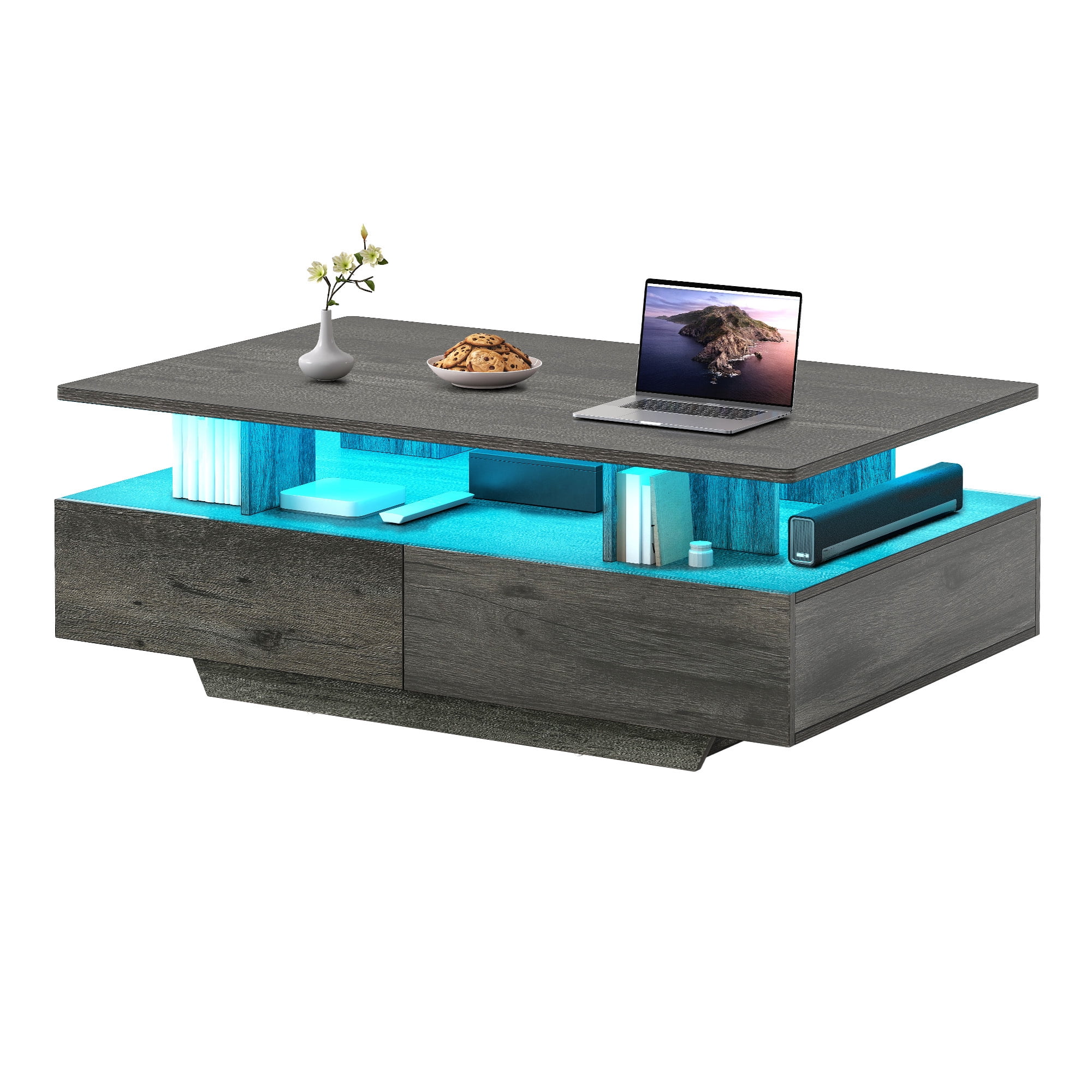 Uforic Modern LED Coffee Table, Center Tables with Storage for Living Room, Gray