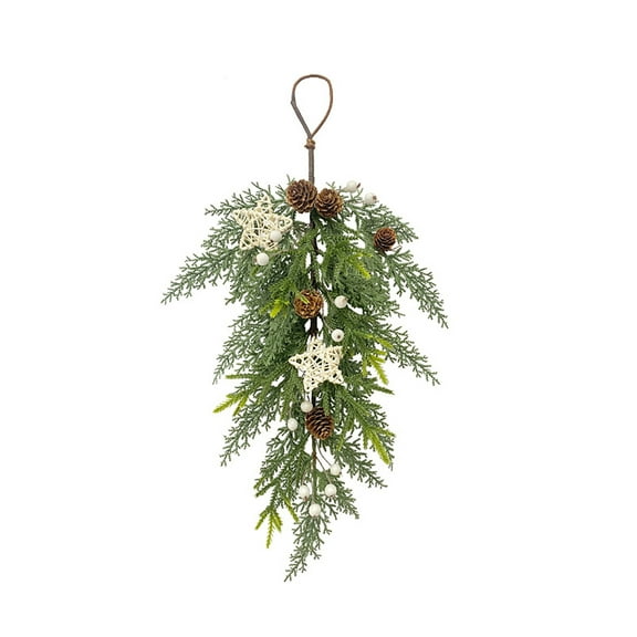White Berry And Pinecones Swag , Artificial Needle Wall Hanging Christmas Pentagram Interior Wall Hanging Green Plant Interior Decoration