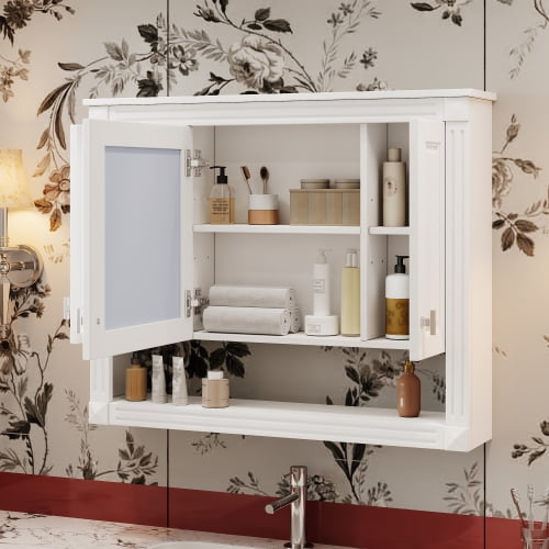 DRNANLIT 35inch Bathroom Wall Cabinet with Mirror, Wall Mounted Cabinet with Open Shelf, Mirrored Door Storage Cabinet, White