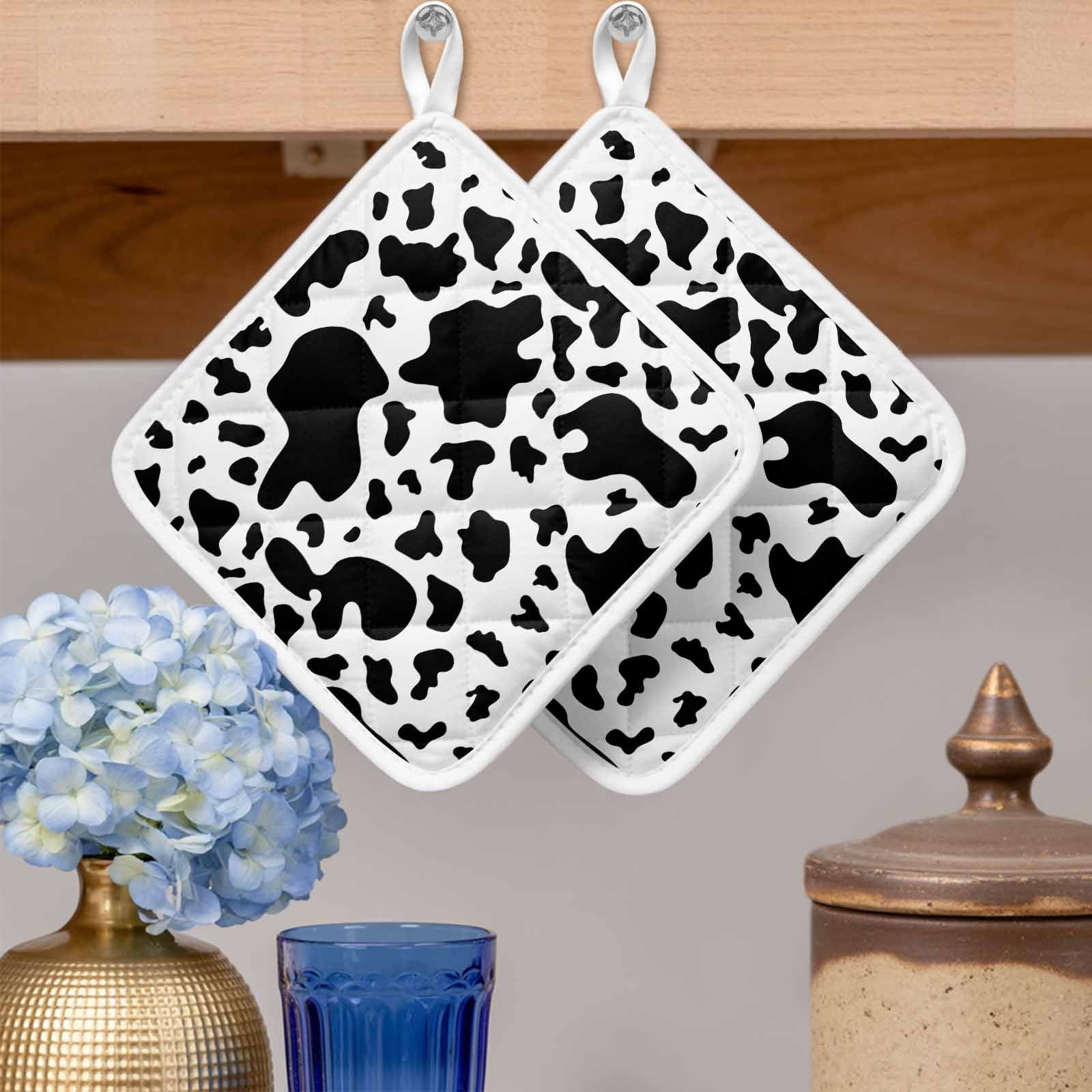 Cow Print Pot Holders for Kitchen Heatproof Potholder, 3 Pack Modern Black White Farm Animal Patterned Hot Pads Multipurpose Oven Pads Cloth Potholders Trivet for Cooking Baking
