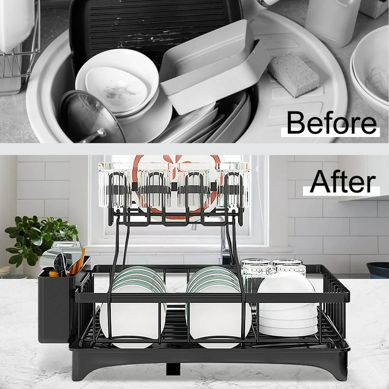 Dish Drying Rack Drainboard Set, 2 Tier Stainless Steel Large Dish Rack  with Drainage, Wine Glass Holder, Utensil Holder and Extra Drying Mat, Dish  Drainers for Kitchen Counter(Black)