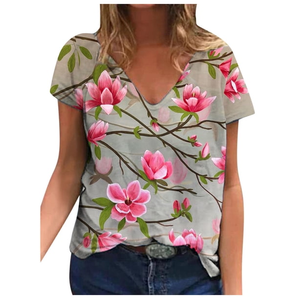 Moda Mujer Cuello en V Manga corta Impresión Jersey Blusas sueltas Tops Camiseta OAVQHLG3B Store lin121212