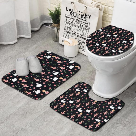 Ballerina Princess Swan Pattern Bathroom Rugs Sets 3 Piece,Toilet Cover Set,Absorbent Non Slip Bathroom Mats Sets with U-Shaped Contour Rug Toilet Rug Set