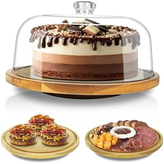 Wood Cake Stand with Lid, 12in Acacia Wood Cake Plate with Cover, Wooden Cake Display Stand with Acrylic Dome, Cake Holder Tray for Wedding Gift，Kitchen,Birthday,Parties,Baking Gifts