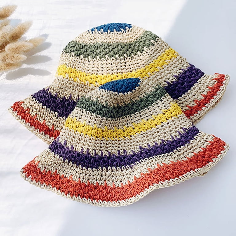 Women Sun Straw Handmade Rainbow Striped Crochet Beach BOHO  display picture 1