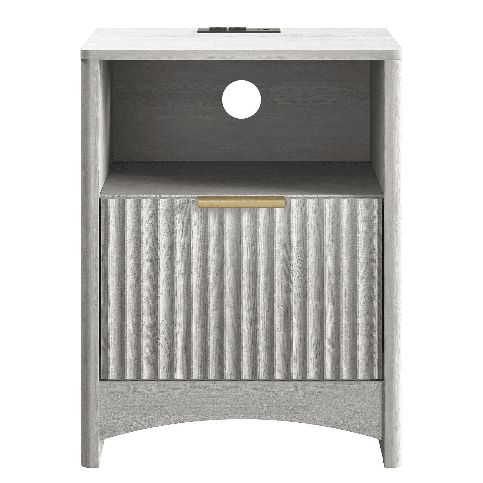 CHITOOMA Fluted Nightstand Set of 2 with Charging Station, Wood Bedside Table with Drawer & Open Shelf, Small End Table for Bedroom Living Room, Gray