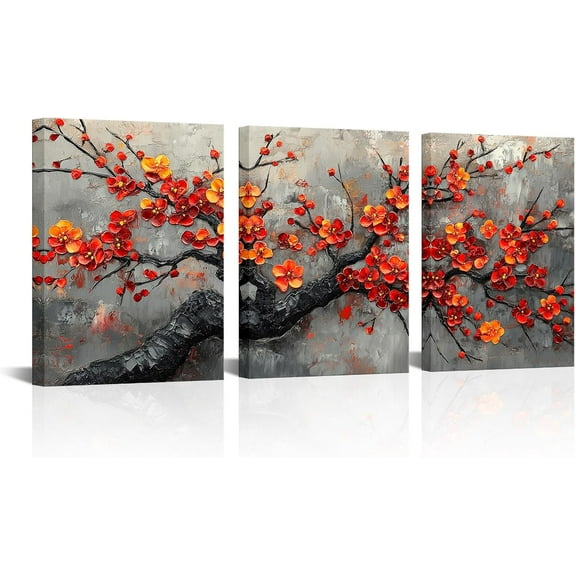 Hieng Rustic Plum Flowers Canvas Wall Art 3 Pieces Red Flower Tree Painting Prints Farmhouse Botanical Floral Wall Decor Modern Artwork for Living Room Bedroom(only canvas)