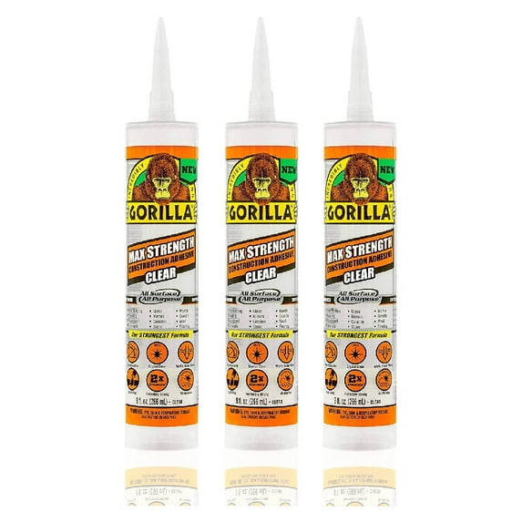Gorilla Construction Adhesive 9oz Cartridge Max Strength All Weather Clear, 3-Pack