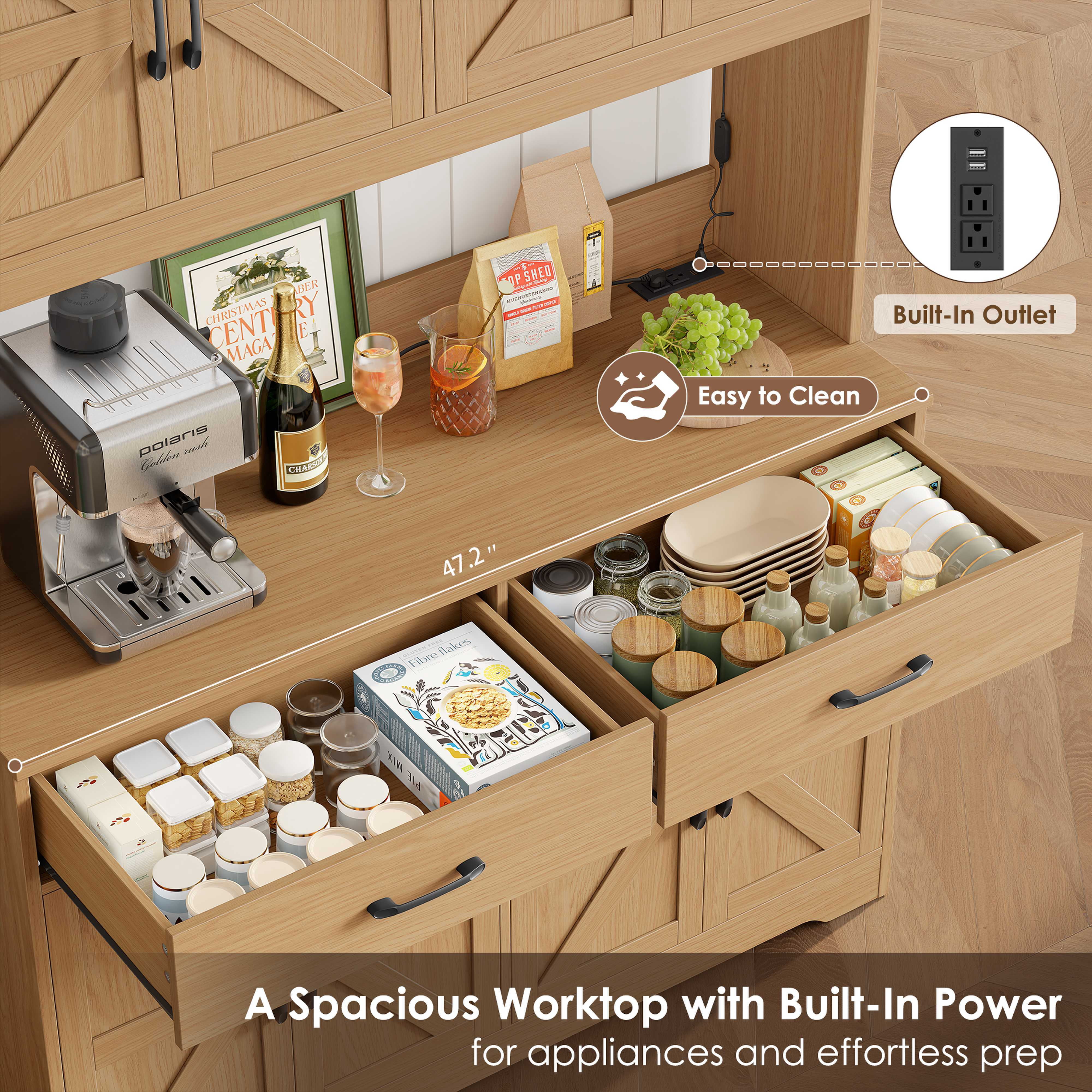 Hiphuta 71" Tall Kitchen Pantry Storage Cabinet with RGB LED and 6 Metal Hooks, Farmhouse Coffee Bar Cabinet with Charging Station, Buffet with Hutch and Microwave Stand, Light Oak