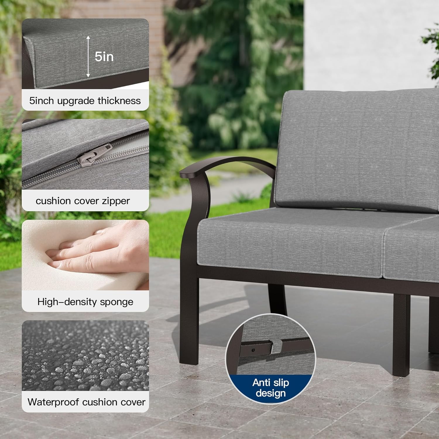 Gotland Aluminum Patio Furniture Set,6 Pieces 7 Seat Metal Outdoor Furniture Conversation Set w/Swivel Chairs,Gray