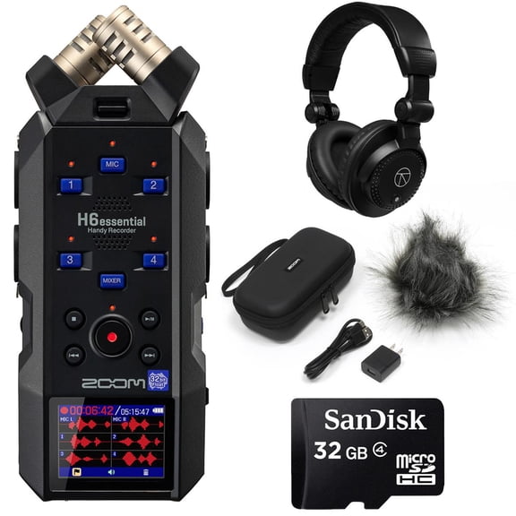 Zoom H6essential 6-Track 32-Bit Float Handy Recorder, Bundle with TAPH100 Headphones and APH-4E Accessory Pack