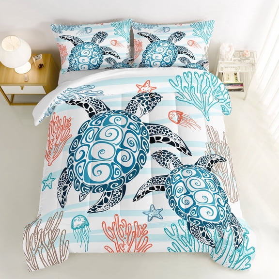 Sea Turtle Comforter Queen Size,Coastal Bedding for Girls Room Decor,Ocean Style Soft Turquoise Sea Turtle Bedding Set with 2Pillowcases.