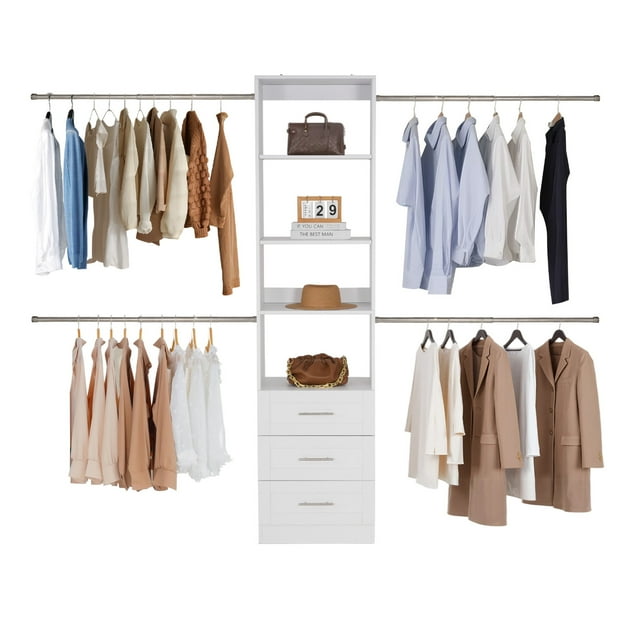 VEVOR Closet System with 3 Drawers, Adjustable Height Wooden Closet Organizers, Modern Walk-in Wardrobe Organization with 4 Retractable Clothes Hanger Rods, Freestanding Garment Rack Storage, White